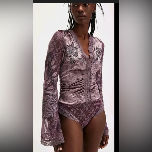 free people movement Tops - FREE PEOPLE NIGHT OWL BODYSUIT Purple Lace w/ Floral Embroidery Size XS NWOT